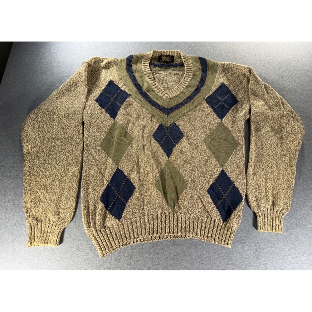 Vintage Brooks Brothers Argyle V-Neck Sweater Mens Large Tan Blue Green Cotton